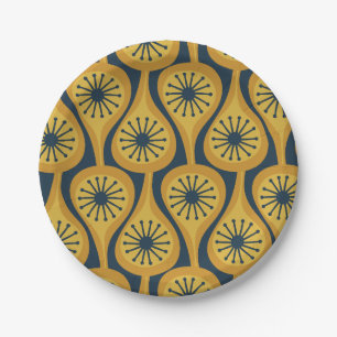 Mid Century Modern Atomic Pattern Mustard Navy Paper Plate