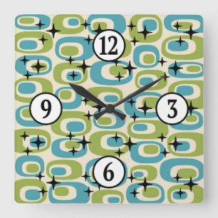 Mid Century Modern Atomic Pattern Square Wall Clock
