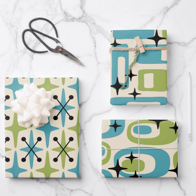 Mid Century Modern Atomic Patterns Wrapping Paper Sheet (Front)