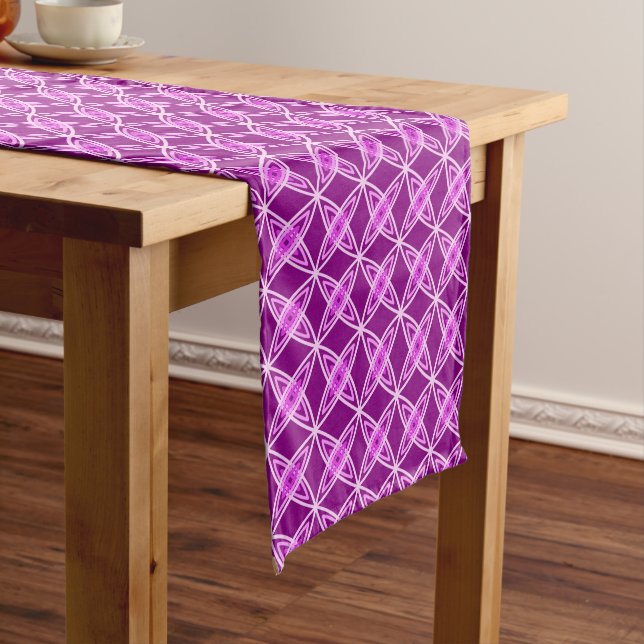 Mid Century Modern Atomic Print - Amethyst Purple Short Table Runner (In Situ)