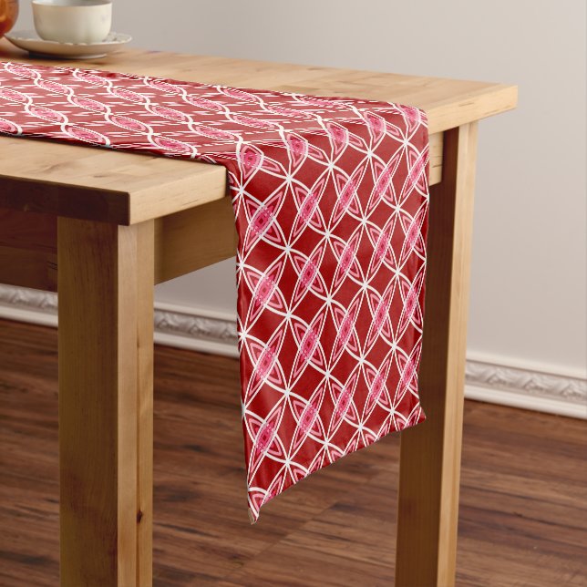 Mid Century Modern Atomic Print - Dark Red Short Table Runner (In Situ)