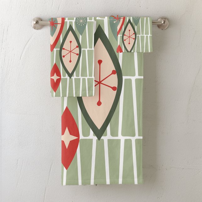 Mid Century Modern Atomic Shapes Green, Red Bath Towel Set (Creator Uploaded)