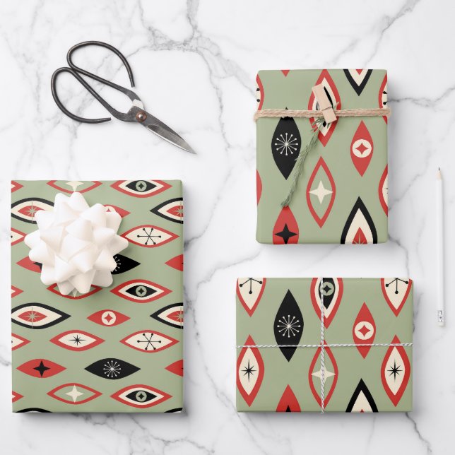 Mid Century Modern Atomic Shapes Green, Red, Black Wrapping Paper Sheet (Front)