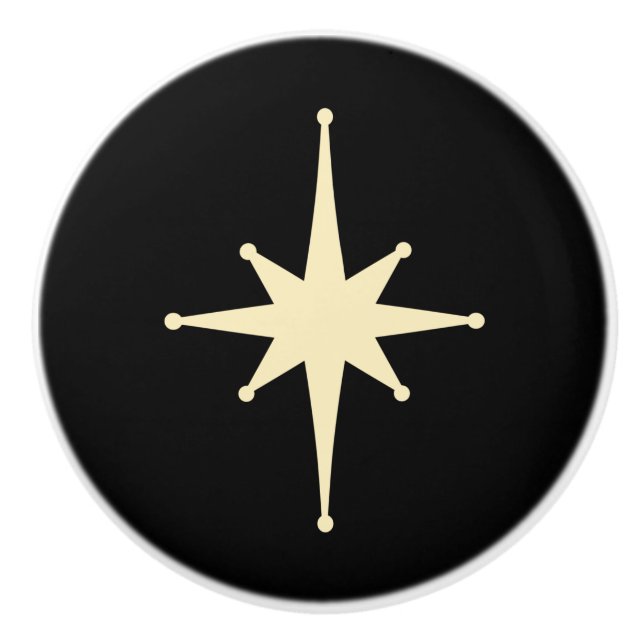 Mid Century Modern Atomic Star Black & Cream Ceramic Knob (Front)