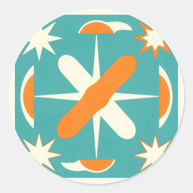 Mid Century Modern Atomic Starburst Classic Round Sticker (Front)