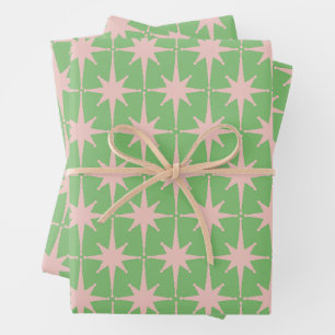 Mid Century Modern Atomic Starburst Pattern Green  Wrapping Paper Sheet