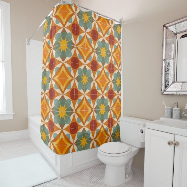Mid Century Modern Atomic Starburst Pattern Shower Curtain (In Situ)