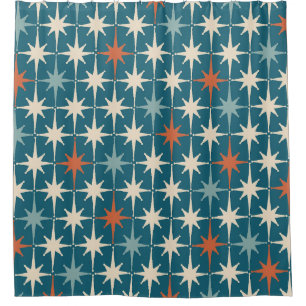 Mid Century Modern Atomic Starburst Pattern Teal Shower Curtain