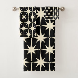 Mid Century Modern Atomic Starbursts Black Cream Bath Towel Set