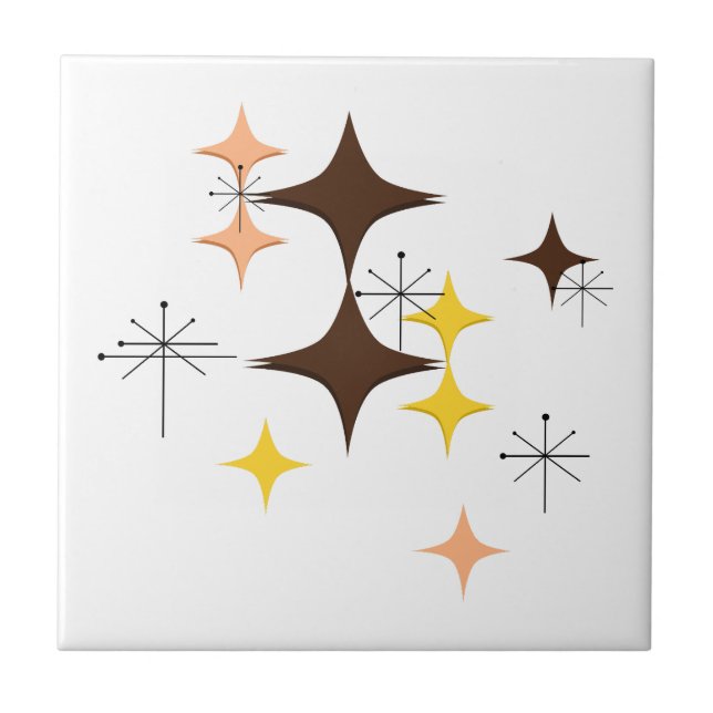Mid Century Modern Atomic Starbursts Custom Brown Ceramic Tile (Front)