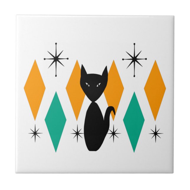 Mid Century Modern Atomic Starbursts Diamonds Cat Ceramic Tile (Front)