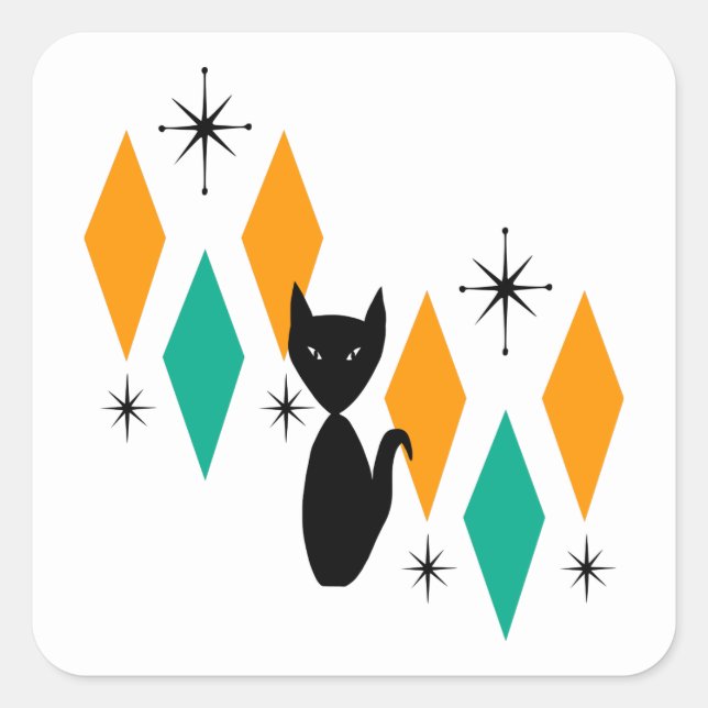 Mid Century Modern Atomic Starbursts Diamonds Cat  Square Sticker (Front)