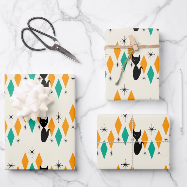 Mid Century Modern Atomic Starbursts Diamonds Cat Wrapping Paper Sheet (Front)