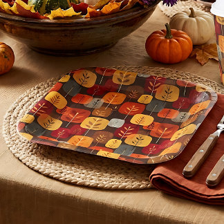 Mid-Century Modern Autumn Forest Square Paper Plate