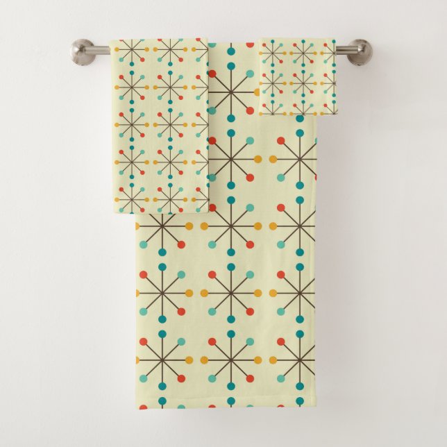 Mid-Century Modern Bath Towel, Starburst Pattern Bath Towel Set (Insitu)