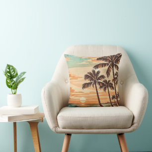 mid century modern beach Hawaii sunset palm trees  Cushion