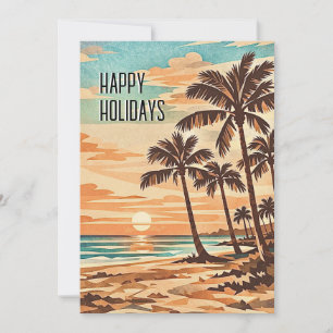 mid century modern beach Hawaii sunset palm trees Holiday Card