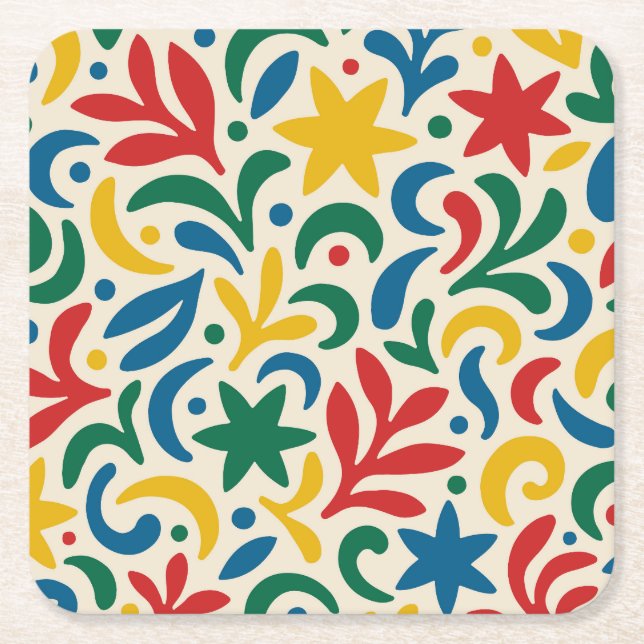 Mid Century Modern Biophilic Pattern Square Paper Coaster (Front)