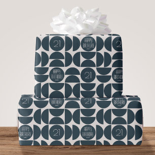 Mid-Century Modern Birthday Retro 21st Blue Black Wrapping Paper
