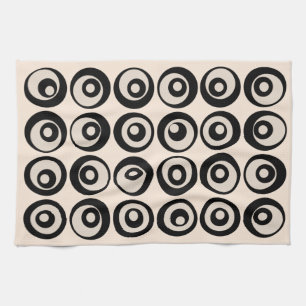 Mid Century Modern Black And Cream Circles Pattern Tea Towel