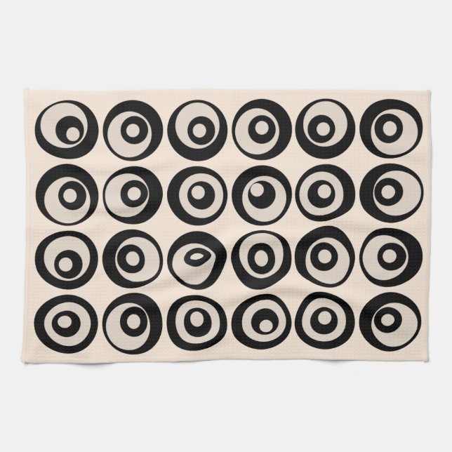 Mid Century Modern Black And Cream Circles Pattern Tea Towel (Horizontal)