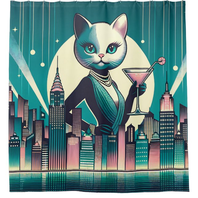 “Mid-Century Modern Black and White Cat” Shower Curtain (Front)