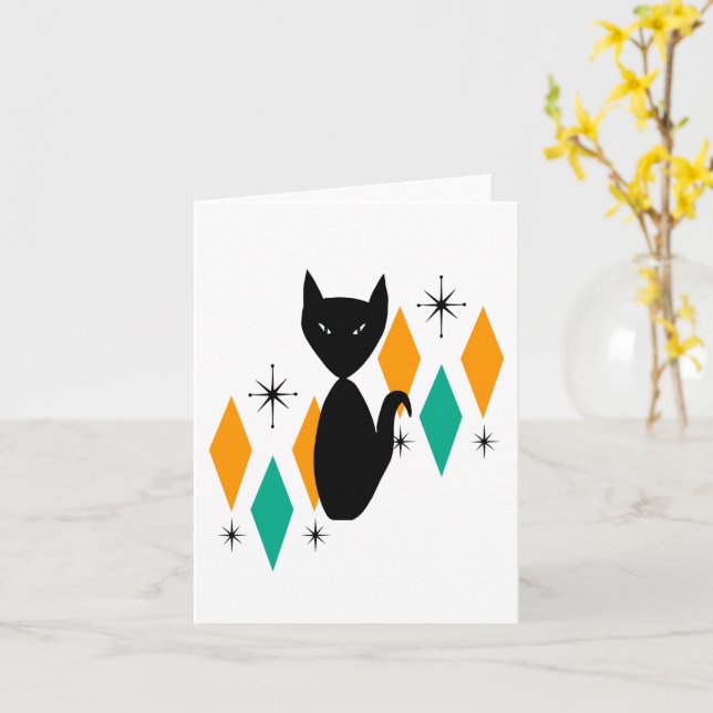 Mid Century Modern Black Cat Atomic Era Stars Card (Yellow Flower)