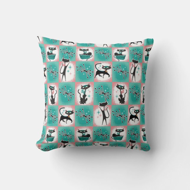 Mid-Century Modern Black Cats Throw Pillow (Front)