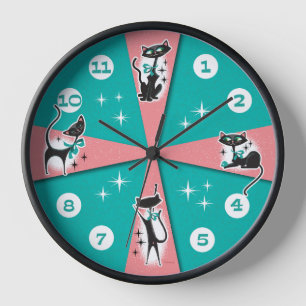 Mid-Century Modern Black Cats Wall Clock 