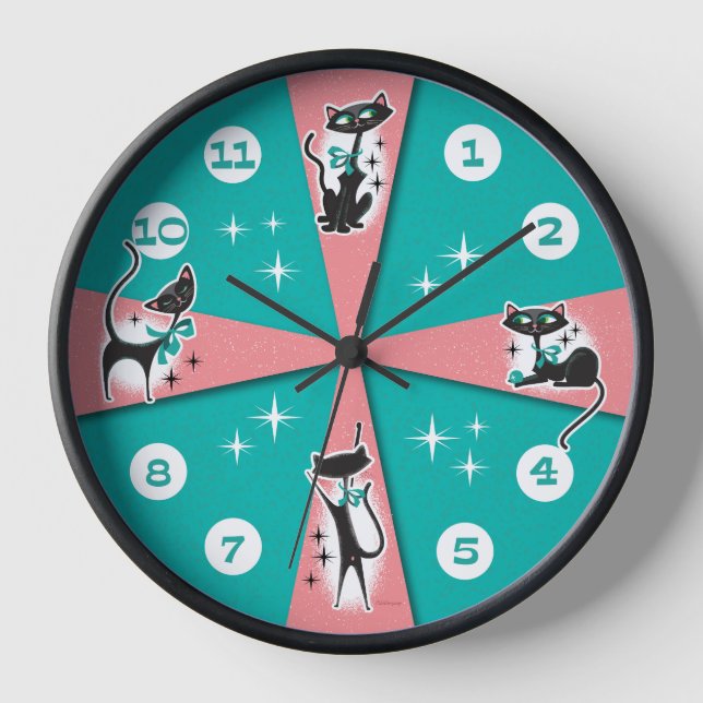 Mid-Century Modern Black Cats Wall Clock  (Front)