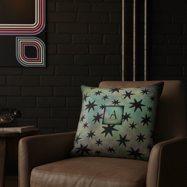 Mid Century Modern Black Stars Monogram Cushion (Creator Uploaded)