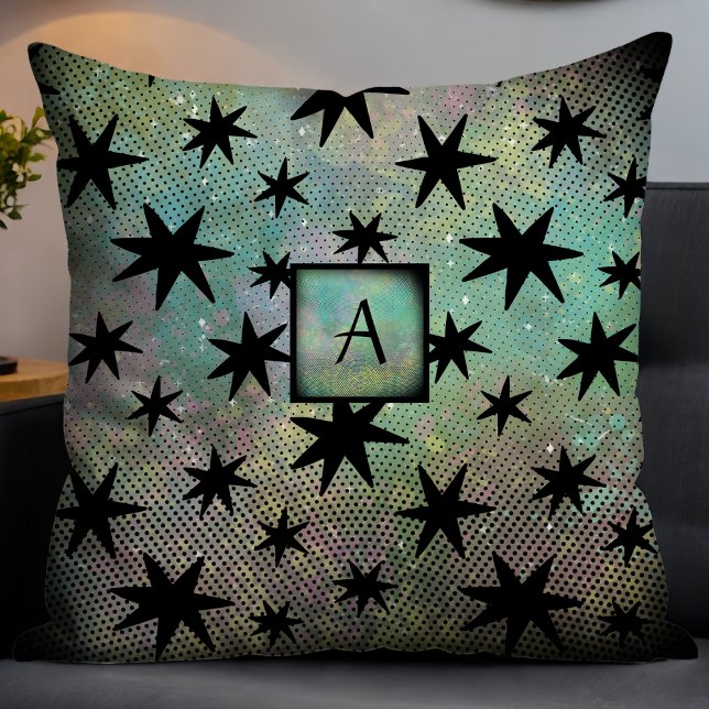 Mid Century Modern Black Stars Monogram Cushion (Creator Uploaded)