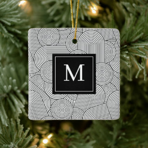 Mid Century Modern Black White Monogrammed Initial Ceramic Ornament