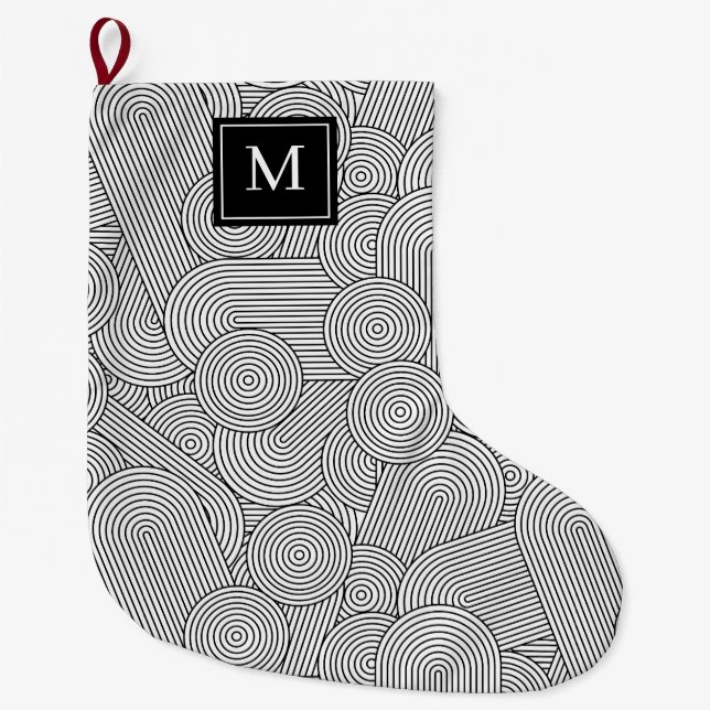 Mid Century Modern Black White Monogrammed Initial Large Christmas Stocking (Front)