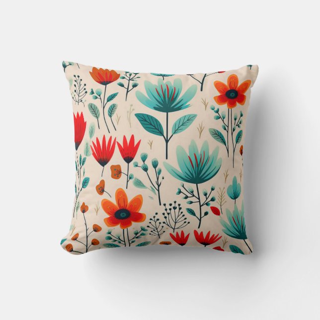 Mid Century Modern, Blue And Orange Flowers Cushion (Front)