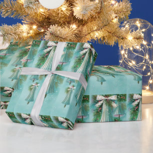 Mid Century Modern Blue Bells Silver Ribbon Wrapping Paper