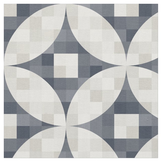 Mid-century modern blue grey & beige check fabric (Close Up)