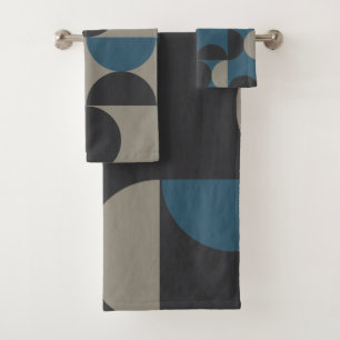 Mid-Century Modern Blue Grey Gunmetal   Bath Towel Set