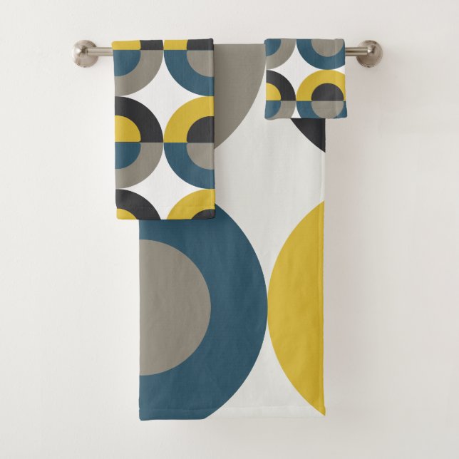 Mid-Century Modern Blue yellow Gunmetal     Bath Towel Set (Insitu)