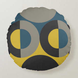 Mid-Century Modern Blue yellow Gunmetal     Round Cushion