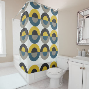 Mid-Century Modern Blue yellow Gunmetal      Shower Curtain