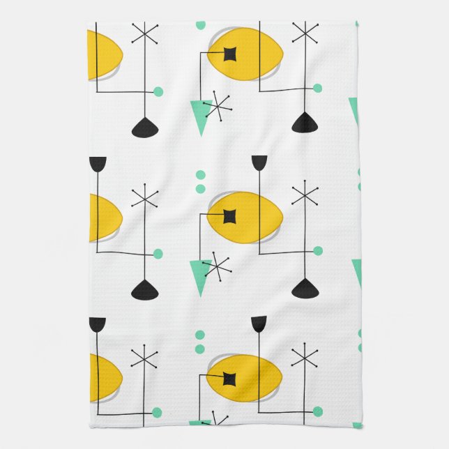 mid century modern blue yellow simple retro tea towel (Vertical)