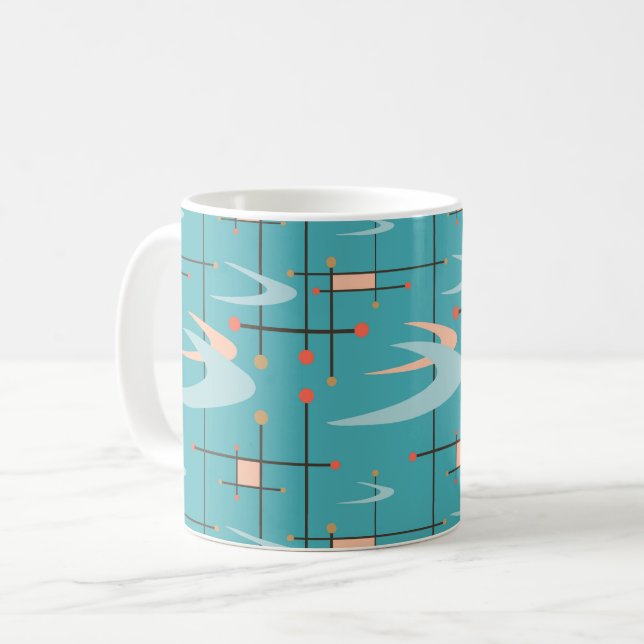 Mid Century Modern Boomerangs on Turquoise Coffee Mug (Front Left)