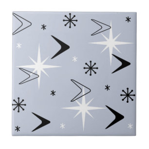 Mid Century Modern Boomerangs Silver Blue Ceramic Tile