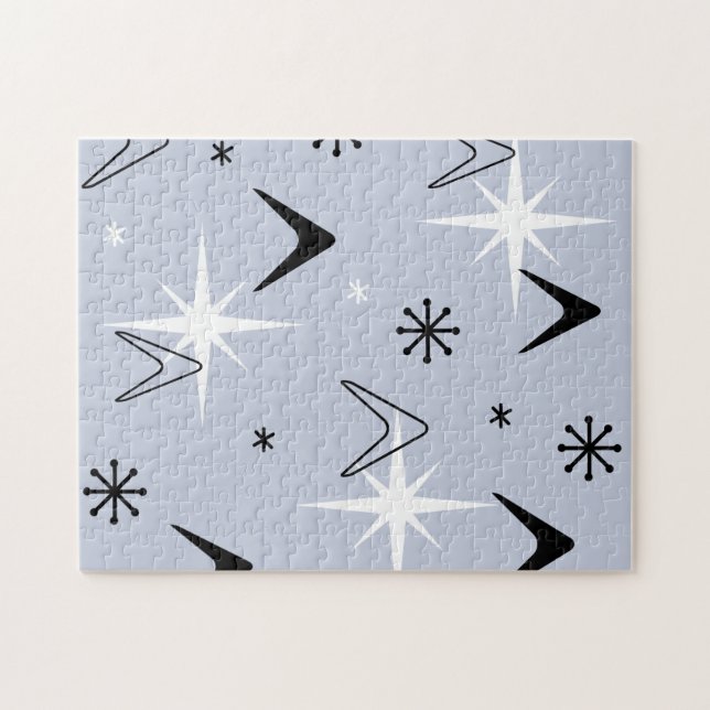 Mid Century Modern Boomerangs Silver Blue Jigsaw Puzzle (Horizontal)