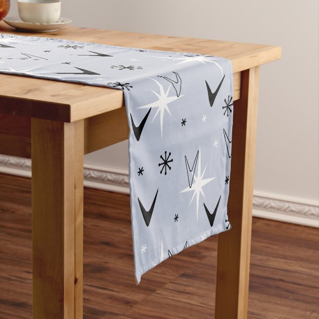 Mid Century Modern Boomerangs Silver Blue Short Table Runner (In Situ)