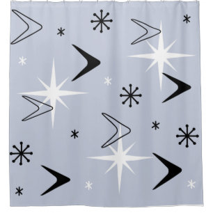Mid Century Modern Boomerangs Silver Blue Shower Curtain