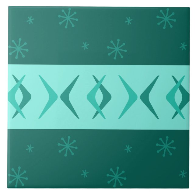 Mid Century Modern Boomerangs Teal Ceramic Tile (Front)