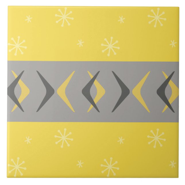 Mid Century Modern Boomerangs Yellow Grey Ceramic Tile (Front)