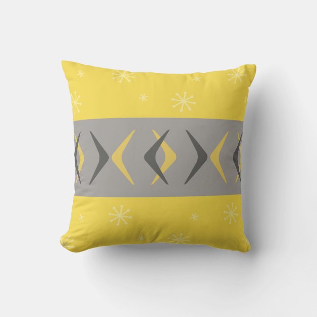 Mid Century Modern Boomerangs Yellow Grey Cushion (Front)